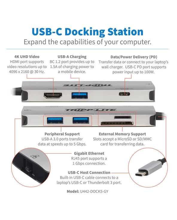 Le moins cher ❤️ Tripp Lite U442-DOCK5-GY Station D'accueil Avec Fil USB 3.2 Gen 1 (3.1 Gen 1) Type-C Gris 😉 4 Le moins cher ❤️ Tripp Lite U442-DOCK5-GY Station D'accueil Avec Fil USB 3.2 Gen 1 (3.1 Gen 1) Type-C Gris 😉 – Image 2